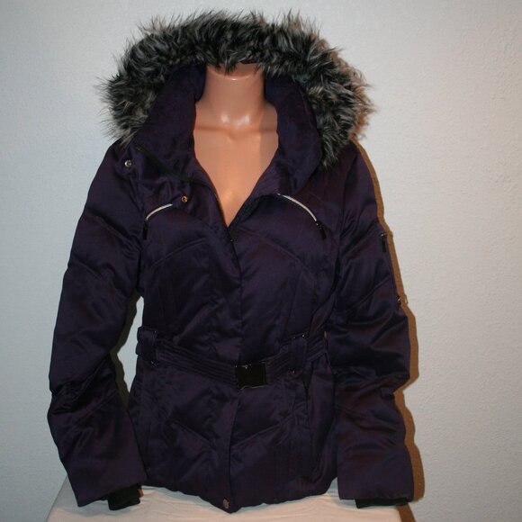 A.N.A Purple XL Down Puffer Faux Fur Trim Hood Zip Snap Jacket Coat Belt Winter - Picture 1 of 12